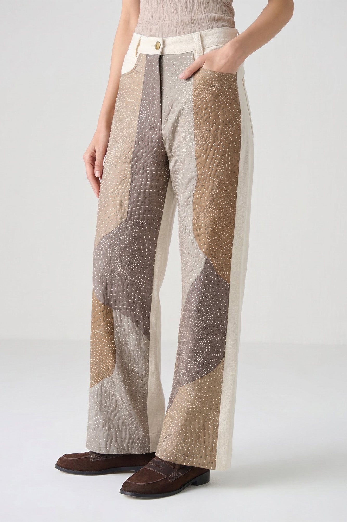 IVORY COLOUR BLOCK KANTHA DENIM
