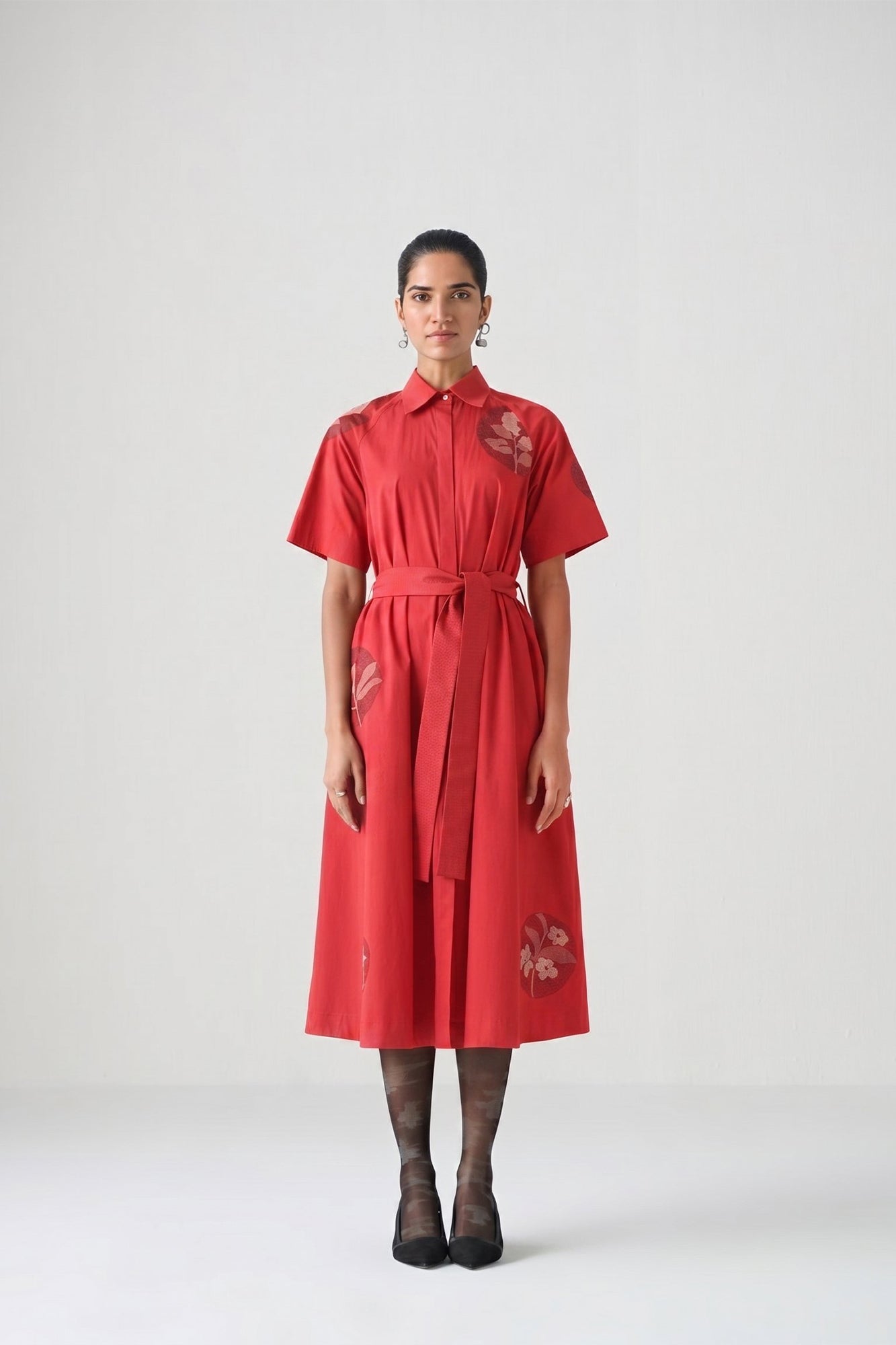 TOMATO RED FLORAL APPLIQUE WORK DRESS