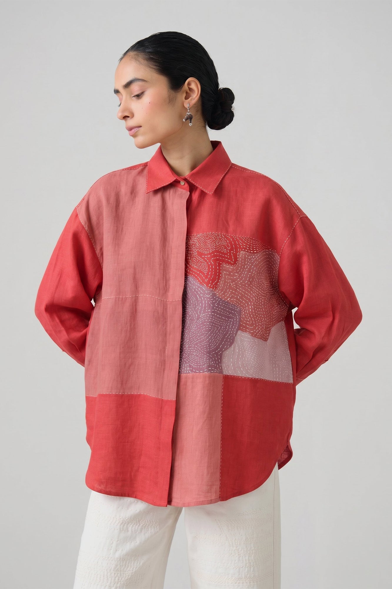 TOMATO RED APPLIQUE KANTHA TOP