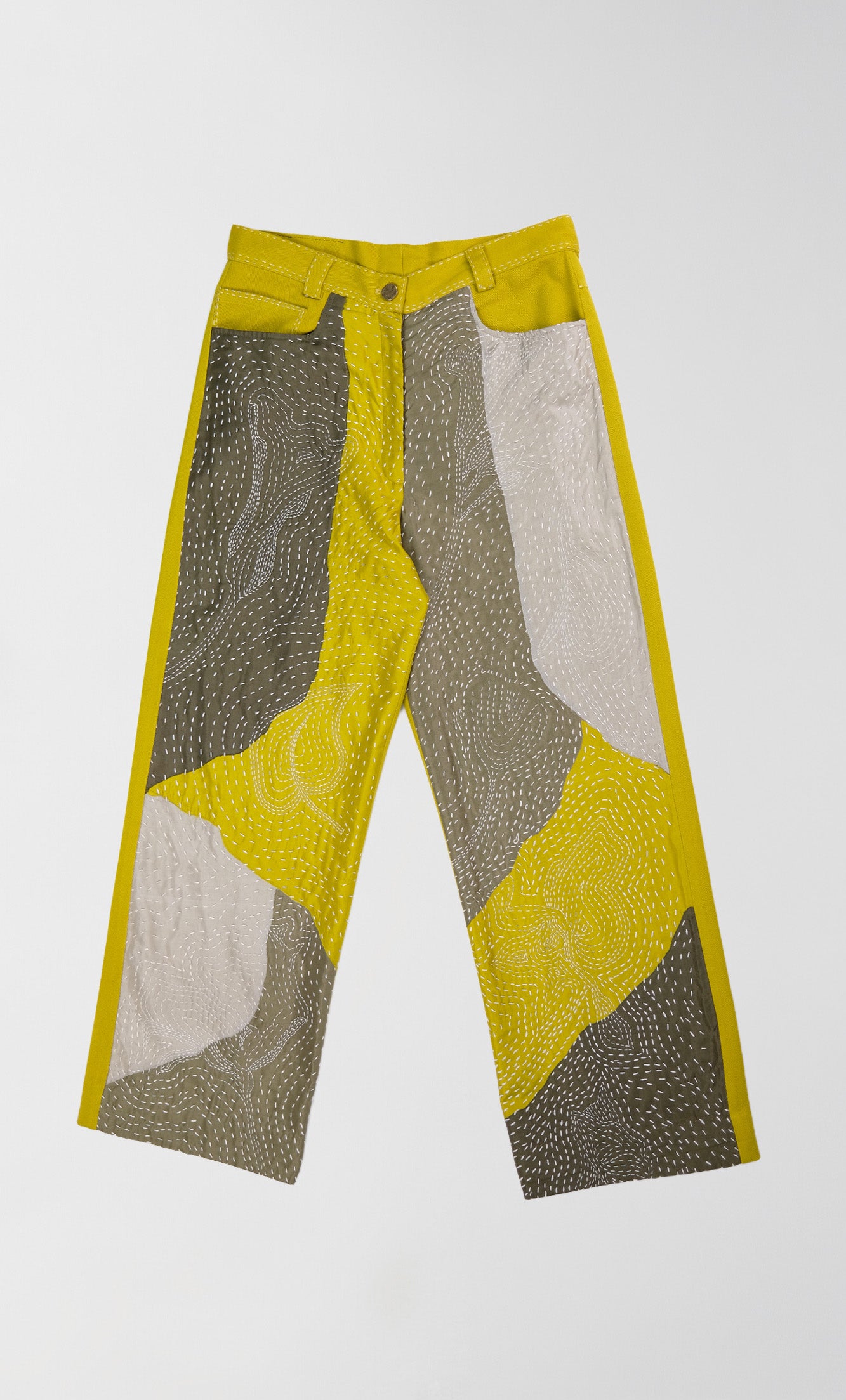 NASHPATI GREEN COLOUR BLOCK KANTHA DENIM