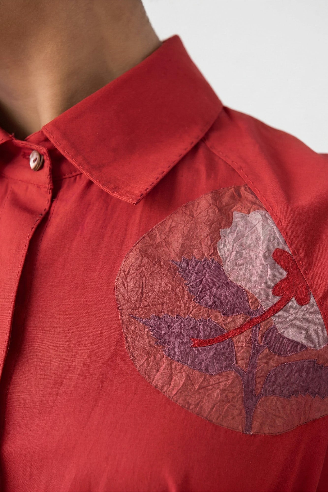 TOMATO RED FLORAL APPLIQUE WORK DRESS