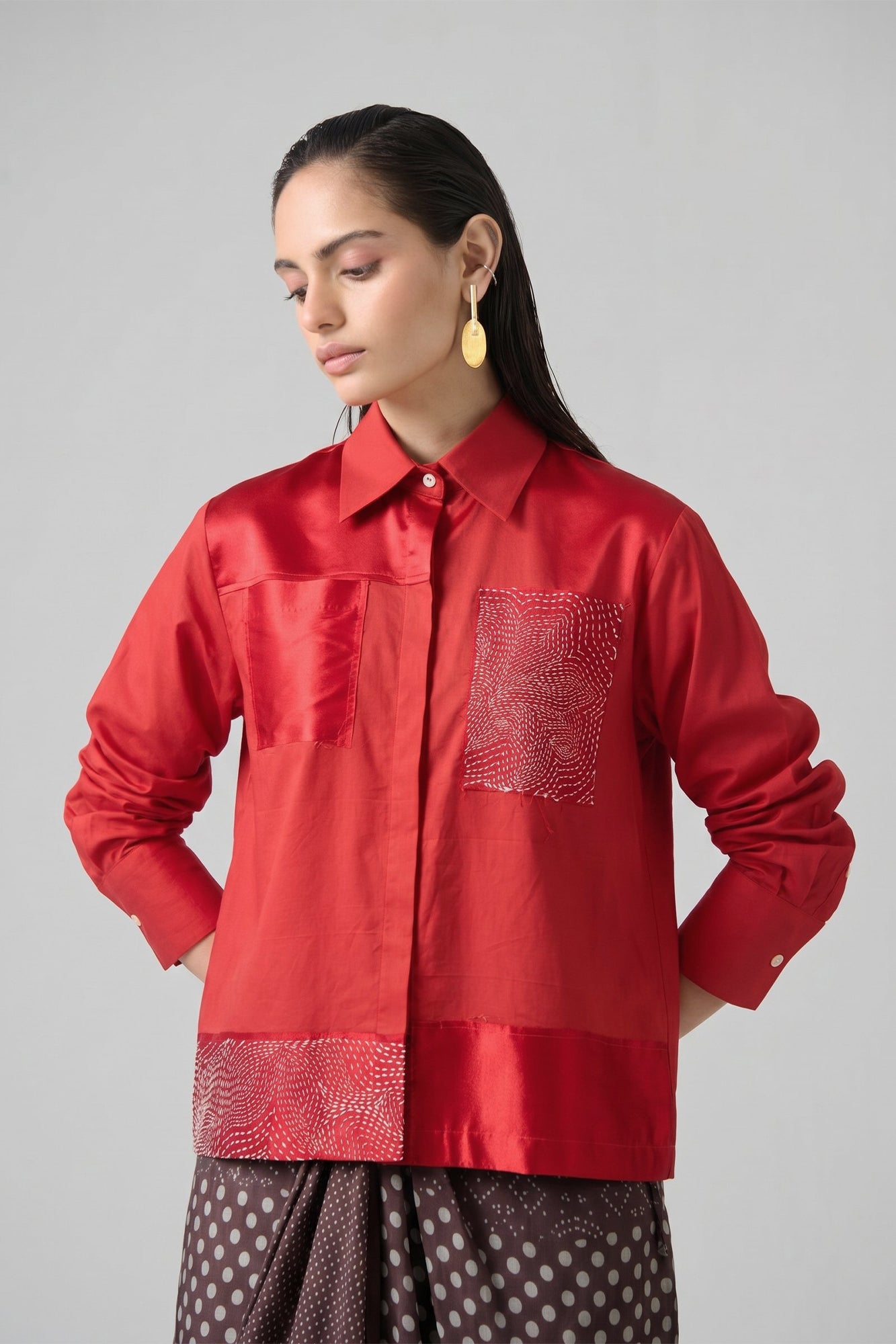TOMATO RED HAND EMBROIDERY TOP