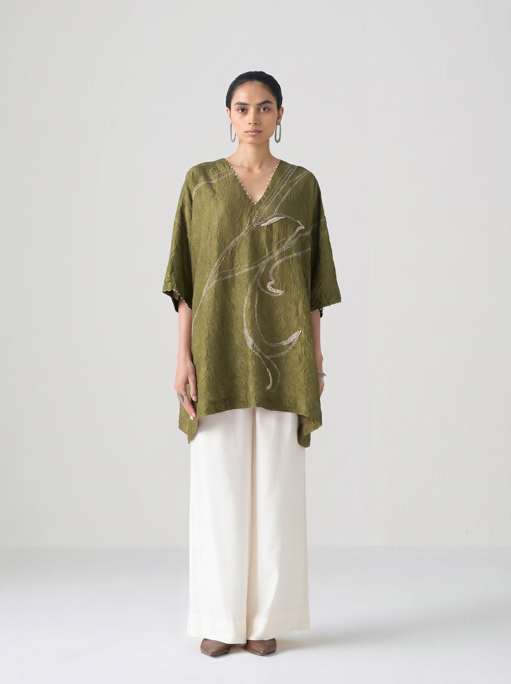 OLIVE KANTHA AND BEADWORK TUNIC SET