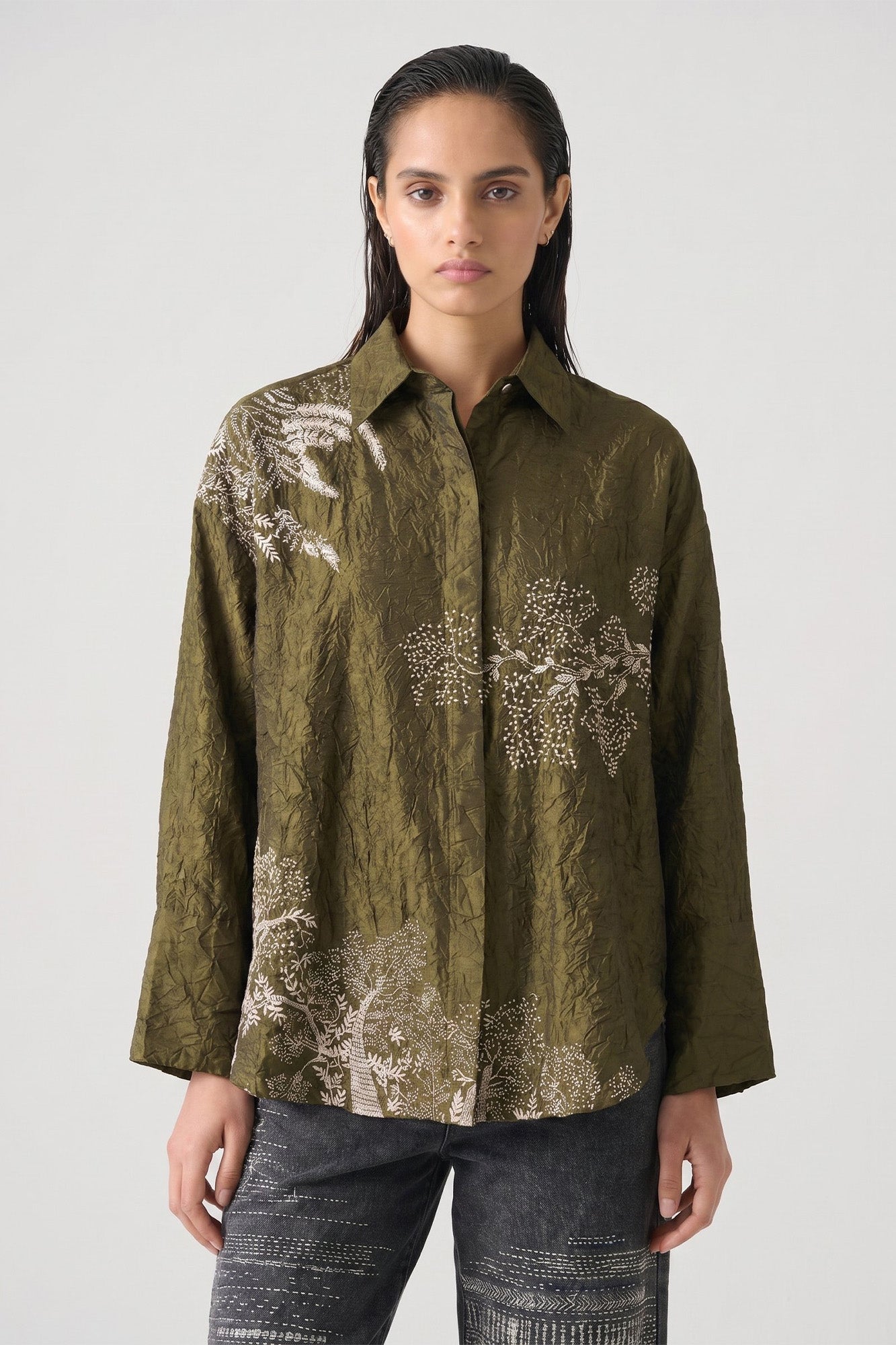 OLIVE KANTHA EMBROIDERY TOP