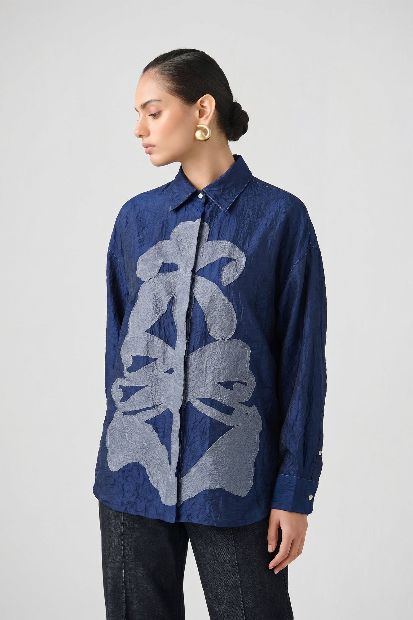 INDIGO SATIN PATCH TOP