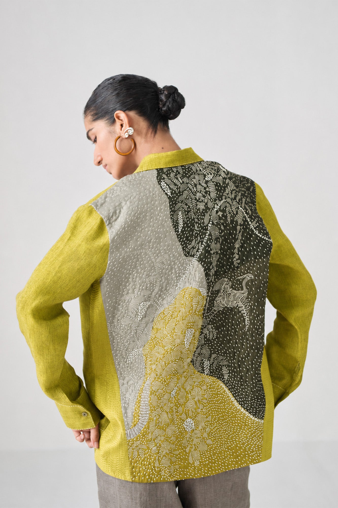 NASHPATI GREEN FLORAL HAND EMBROIDERY OVER SHIRT